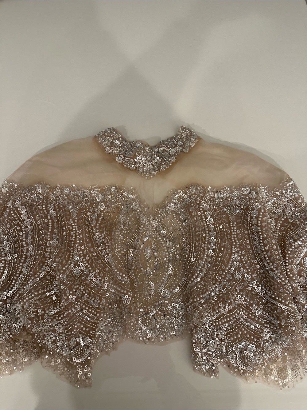 Champagne beaded formal dress, beaded one sleeve. heart shaped, long gorgeous.